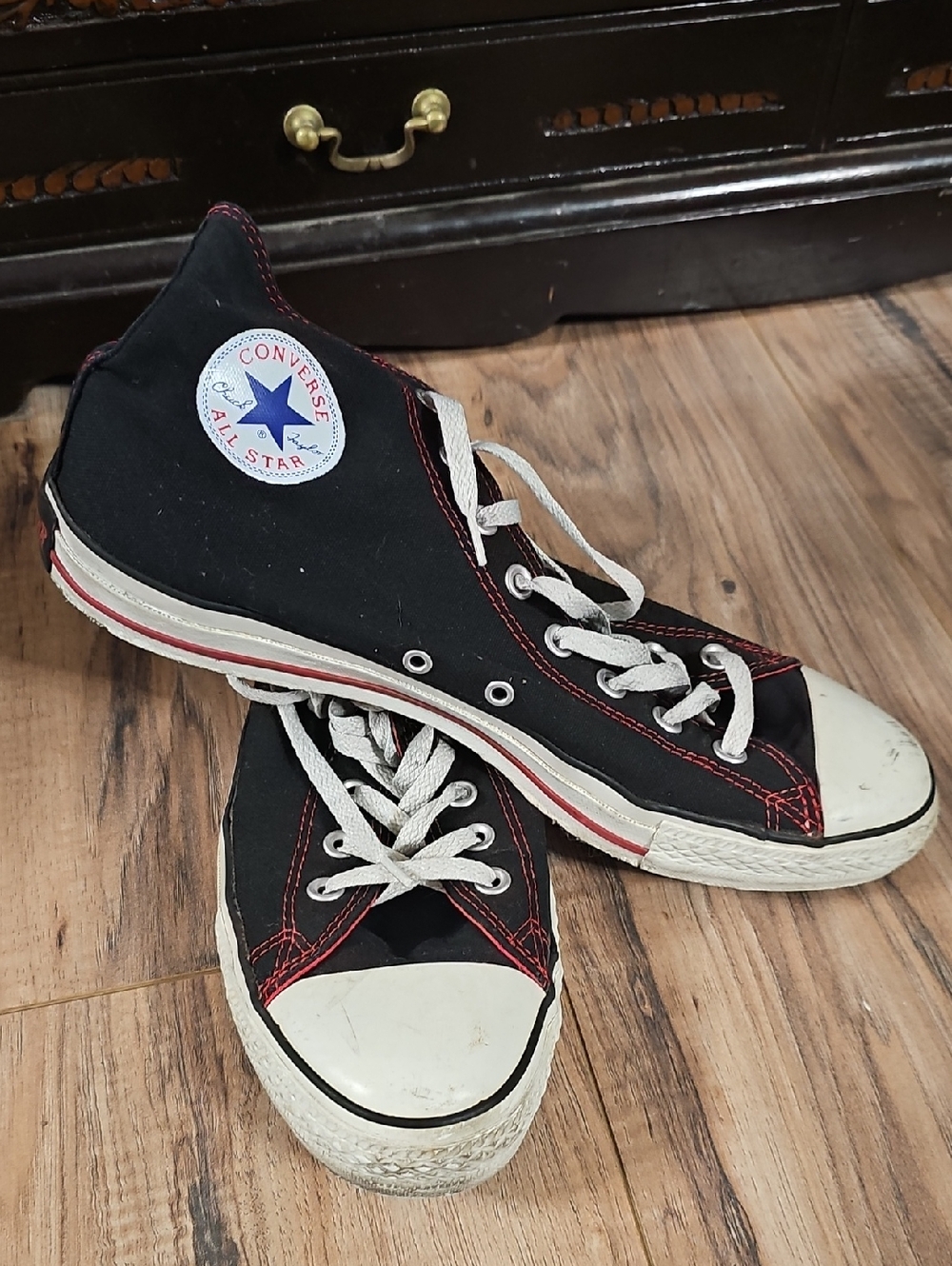 Converse Black High Top Sneakers with Red Stitching